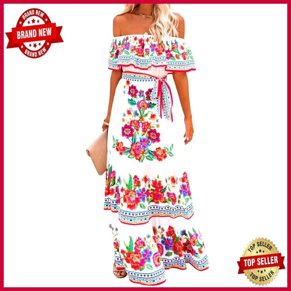 Floral Print Off Shoulder Maxi Dress Boho Chic Summer Beach Party Elegant